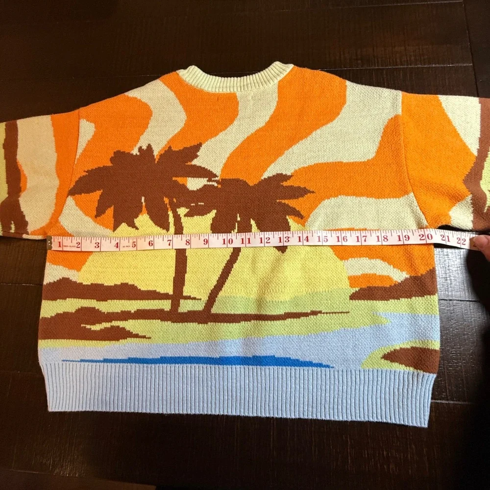 PacSun Tropical Palm Tree Sunset Intarsia Knit Sweater XS Orange Blue Cotton - Picture 7 of 8